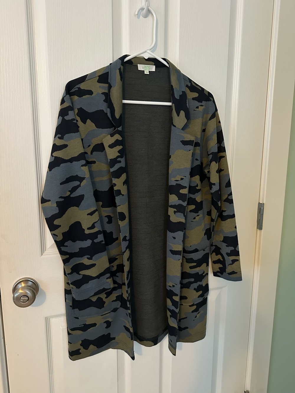 Jade Camo Open-Front Shirt Jacket in Olive, Gray, and Black